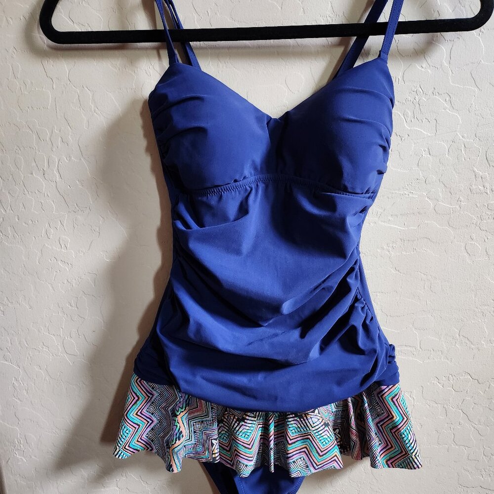 Profile Gottex Blue Body Multicolor Ruffle Hem Bandeau Ruche Size 6 Swimdress